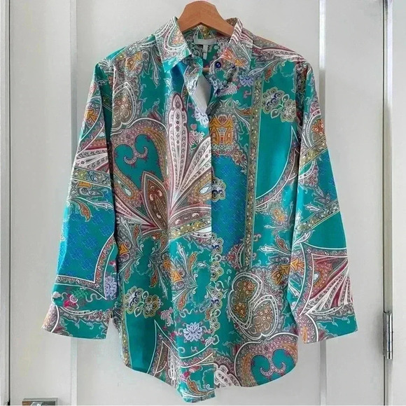 Hinson Wu Gemma Long Sleeve Teal Paisley Print Shirt Size S NWT - Picture 4 of 13